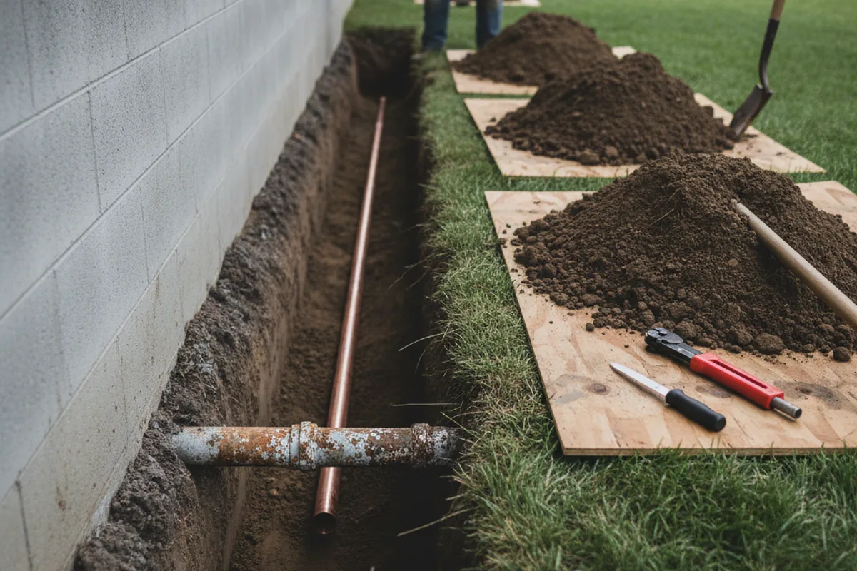 Excavated water line trench during Water Heater Repair in New Plymouth